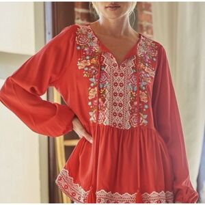 Savanna Jane Blouse Womens S Floral Embroidered Red Bell Sleeve Boho Hippie
